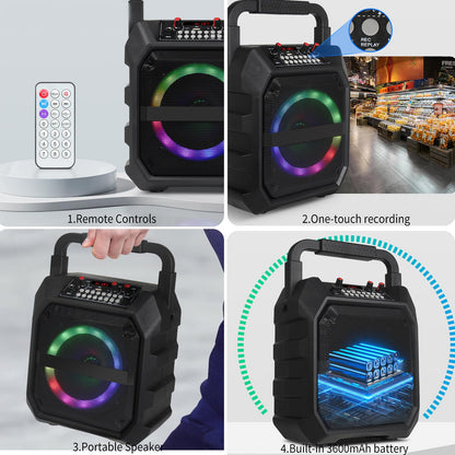 Portable karaoke machine with 2 wireless microphones, portable Bluetooth speaker with RGB lights, PA system for adults and kids, supports TF/USB, FM, Rec, AUX in.