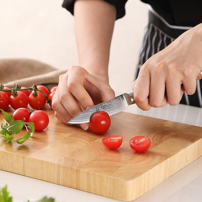 Wakoli Olive Damascus Office Knife | 8.5 cm blade made of 67 layers of Damascus steel with VG10 core | ergonomic olive wood handle | for fruits, vegetables & herbs | in gift box for professional & hobby chefs