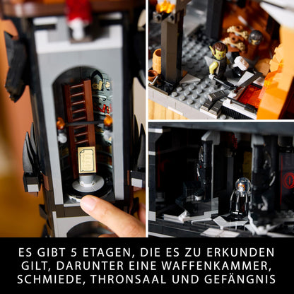 LEGO Icons The Lord of the Rings: Barad-dûr, adult building set featuring minifigures Sauron, Gothmog, Orc, Frodo, Sam, and Gollum. A film collectible and fan favorite. Item 10333.