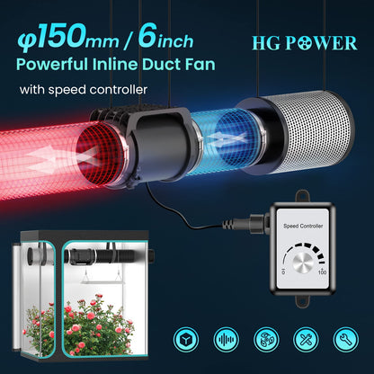 HG Power 150mm Inline Ventilator with EC motors, channeling up to 798m³/h. Ideal for kitchens, bathrooms, and garages. Comes with EU plug.