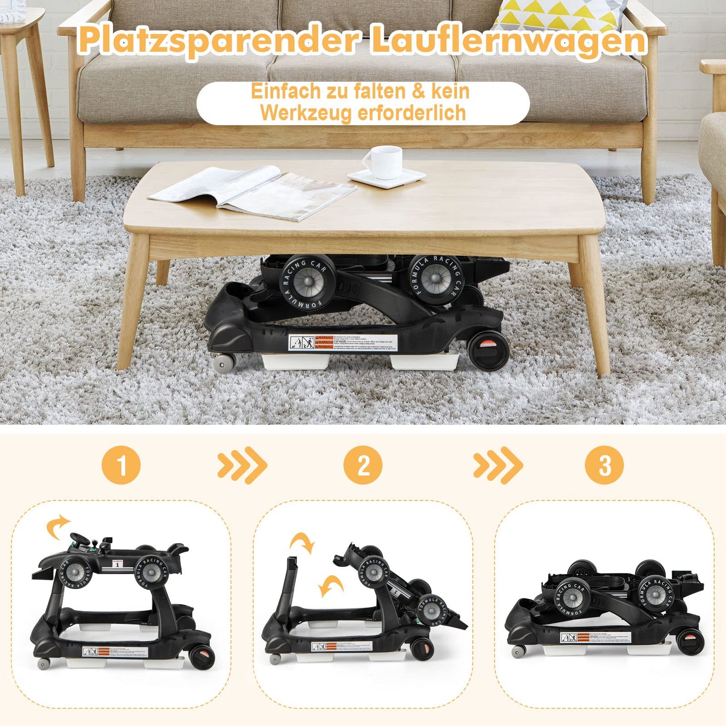 DREAMADE 4-in-1 auto-shaped baby walker with adjustable speed, music & lights. Height adjustable and foldable, suitable for babies aged 6 months and older.