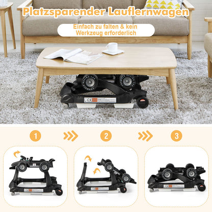 DREAMADE 4-in-1 auto-shaped baby walker with adjustable speed, music & lights. Height adjustable and foldable, suitable for babies aged 6 months and older.