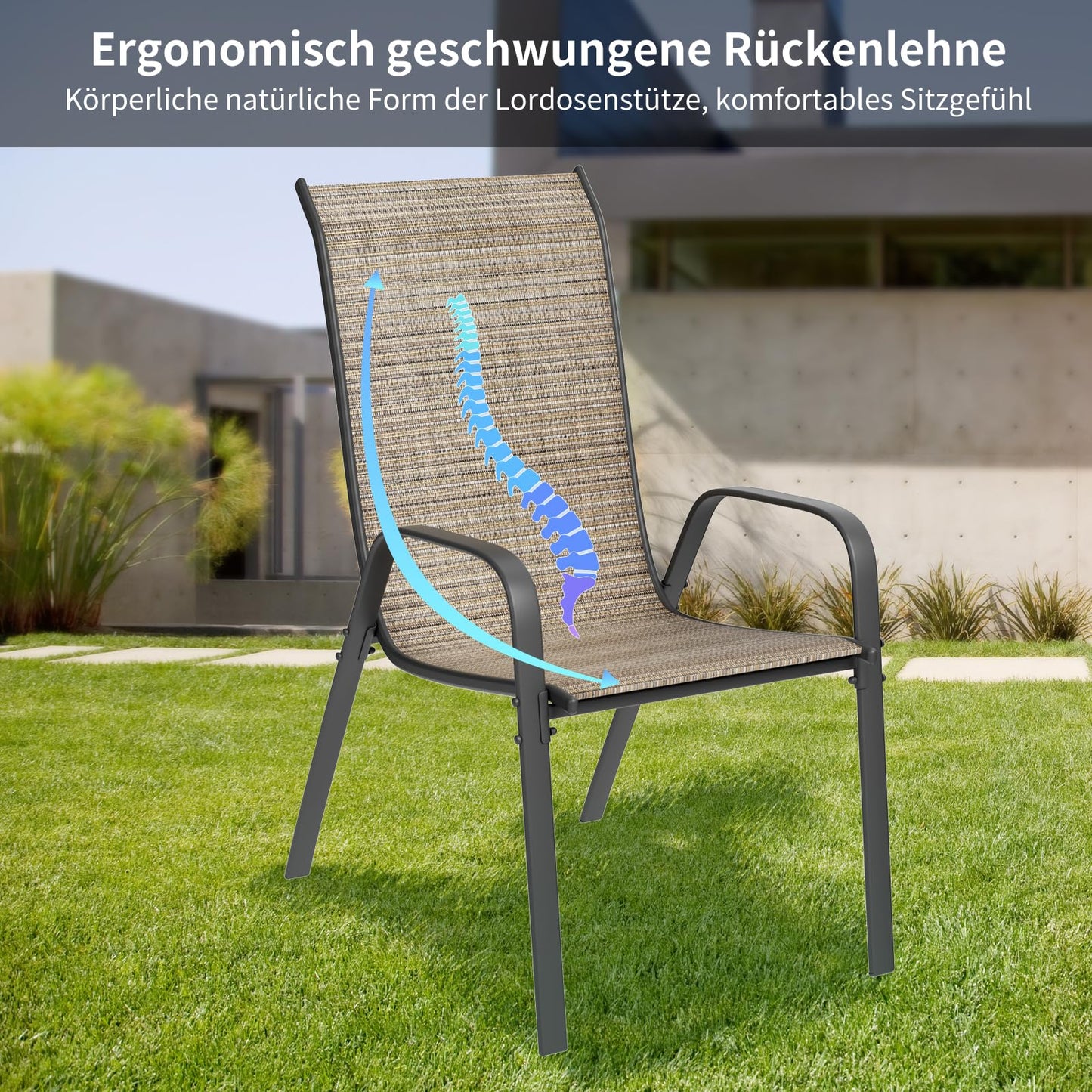 LIFERUN garden chairs stackable camping chair high back terrace chair textilene steel frame for gardens courtyards balconies restaurants 150 kg capacity 54 x 69 x 93cm (4pcs, flax brown)
