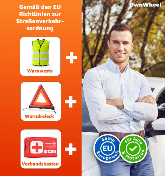 3 in 1 set car breakdown set tested 2025 & car accessories - car first aid kit with first aid kit & warning vest & warning triangle for StVO