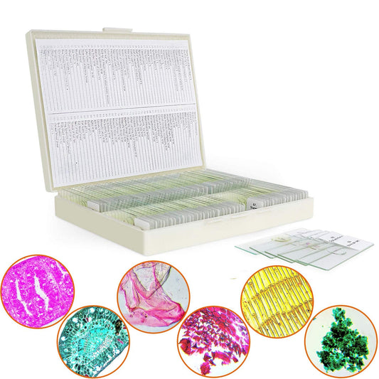 100 microscope slides specimens, microscope slides with biological samples, insects, plants, human cells for children, students, education, and scientific research.