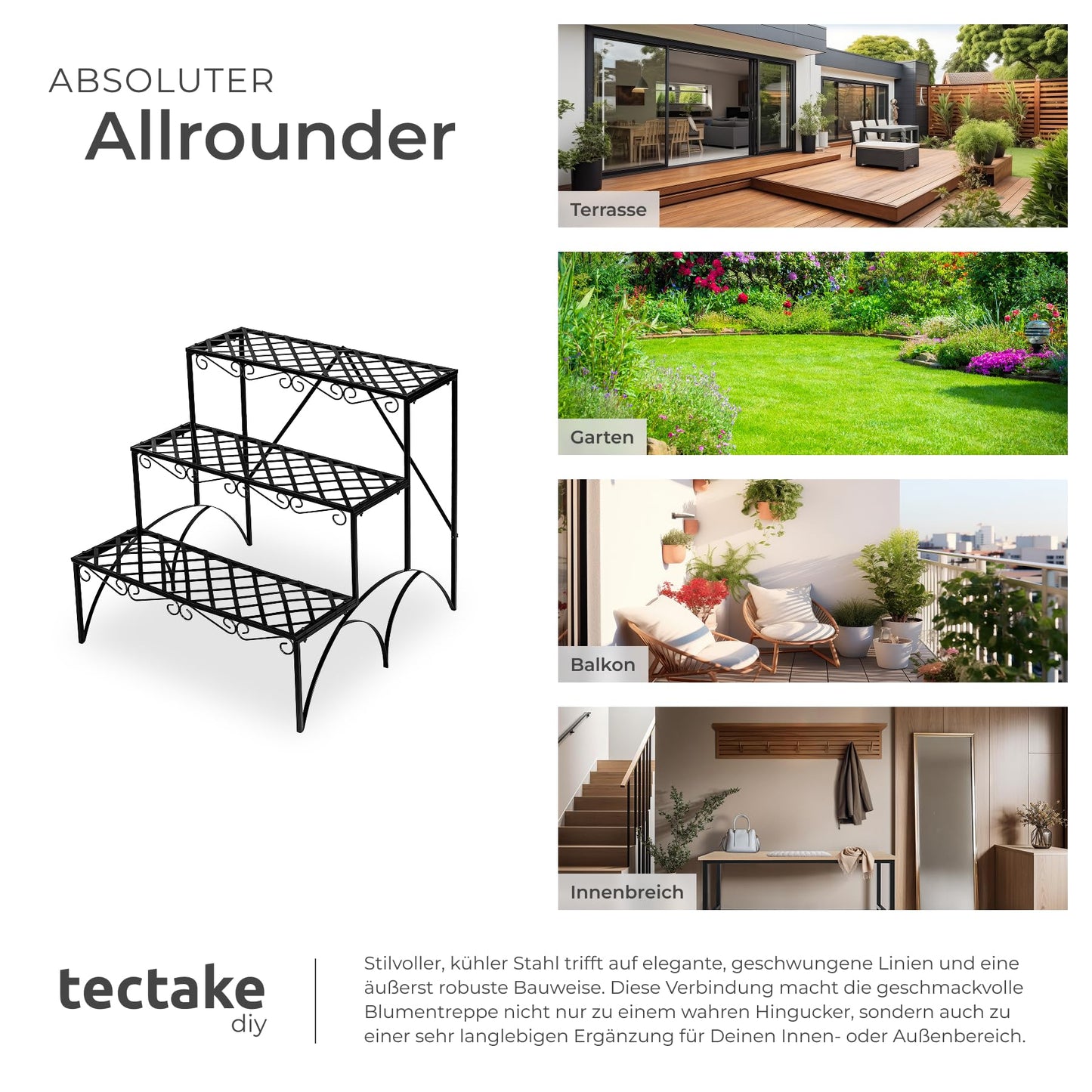 tectake® Plant stand, metal flower shelf, plant bench with 3 steps, plant rack, outdoor plant rack, flower shelf, flower stool approx. 60x60x60cm (steps straight | Number 401711)
