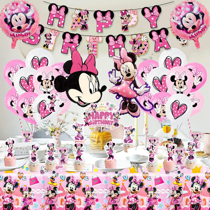 Minnie Mouse paper plates for kids birthday party décor - 100 pieces of pink Minnie birthday party supplies, Mickey birthday decorations for girls, partyware set includes napkins, tablecloth, balloons, banner, and cake decorations.