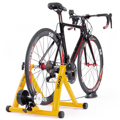 CXWXC Bike Rollentrainer, Foldable Steel Bike Trainer with Quick Release Front Wheel Stand Bicycle Trainer for 26-29 Inch Bike Training Cycling at Home Indoor (26-29, Yellow)
