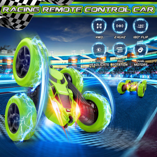 Cosone Remote Control Cars, RC Cars Stunt Car, 2.4 GHz, remote control toy cars for boys, All-wheel off-road stunt car, double-sided, 360° rotating, gifts for kids ages 6 and up (Green)