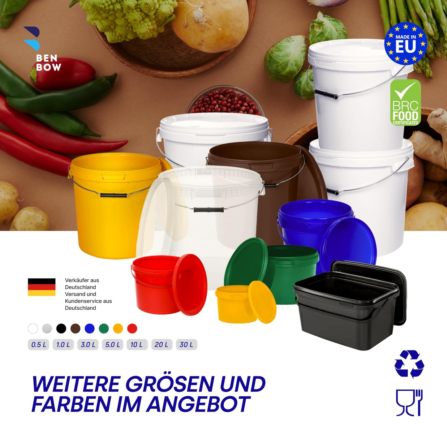 BenBow Bucket with Lid 20L White 5X 20 liters - food-safe, sturdy, airtight, leak-proof - plastic storage container with metal handle - empty