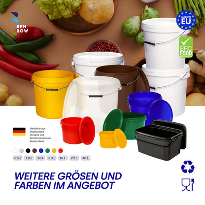 BenBow Bucket with Lid 20L White 5X 20 liters - food-safe, sturdy, airtight, leak-proof - plastic storage container with metal handle - empty