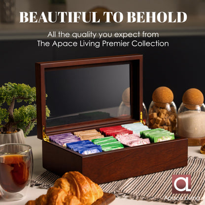 Apace Living Tea Box - Luxurious Wooden Tea Storage Box - 8 compartments for tea bags - Handcrafted box with scratch-resistant window - Elegant tea bag storage box.