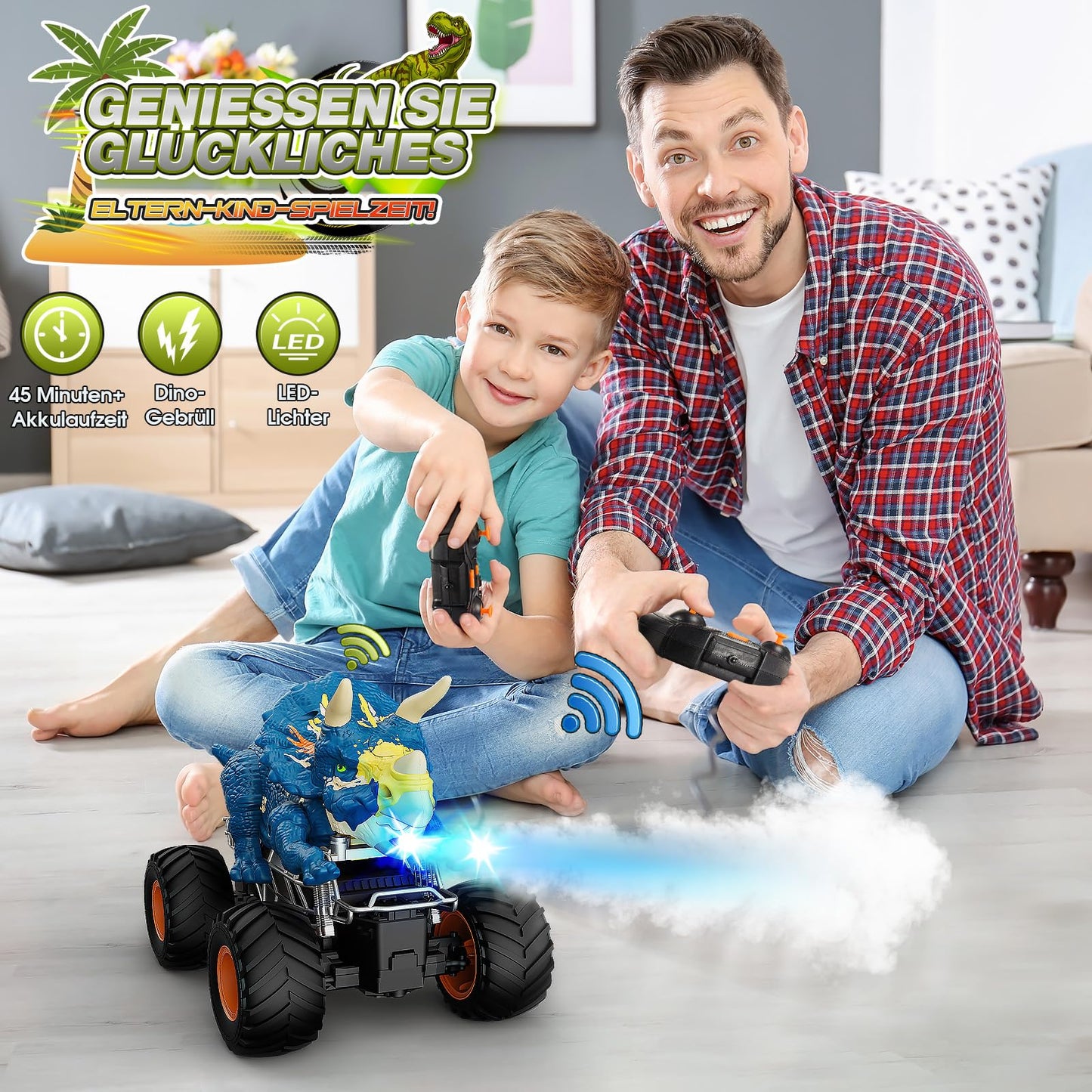HappyGoLucky dinosaur toy for boys aged 3-10, monster truck RC car for ages 3-8 with mist spray, music, LED lights, outdoor Easter gift for kids.