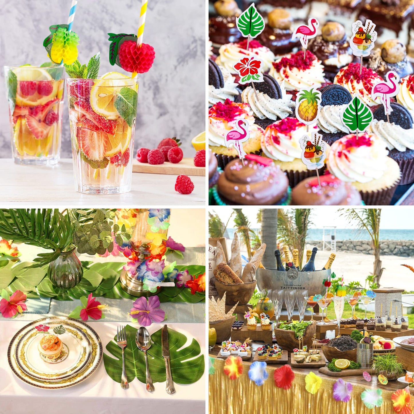 Frasheng 159 Piece Hawaii Party Decoration Set, Hawaii Luau Table Skirts, Hawaiian Party, Hawaii Decor, Hawaii Lei Flower Cake Toppers Paper Straws and 3D Fruit for Summer Party Decoration.