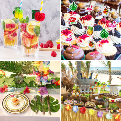 Frasheng 159 Piece Hawaii Party Decoration Set, Hawaii Luau Table Skirts, Hawaiian Party, Hawaii Decor, Hawaii Lei Flower Cake Toppers Paper Straws and 3D Fruit for Summer Party Decoration.
