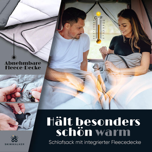 SkinWalker sleeping bag [Small size up to 1.65m height] 3-4 seasons with detachable polar fleece + pillow [-18°C to +15°C] Winter + Summer mummy sleeping bag for camping youth (blue-gray)