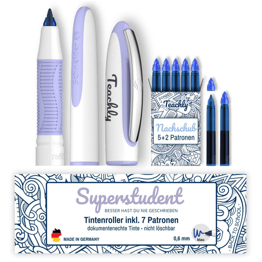 Teachly Superstudent Fountain Pen - Refillable pen for college, school & office (Lilac) - Includes 7 ink cartridges (Blue)