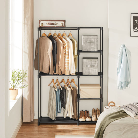 SONGMICS Open Wardrobe, Clothes Rack, Hanging Rail, Wardrobe, 2 Hanging Compartments, ample space, for Bedroom, Living Room, 112 x 43 x 165 cm, black RYG24BK