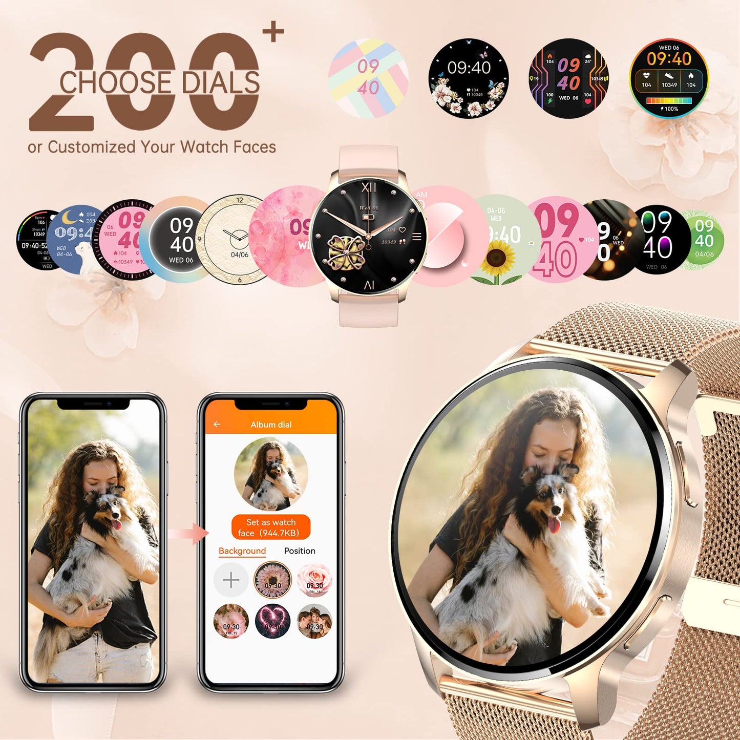 Erkwei smartwatch for women with phone function 1.32" touchscreen fitness tracker with pedometer heart rate sleep monitor waterproof watch for iOS Android