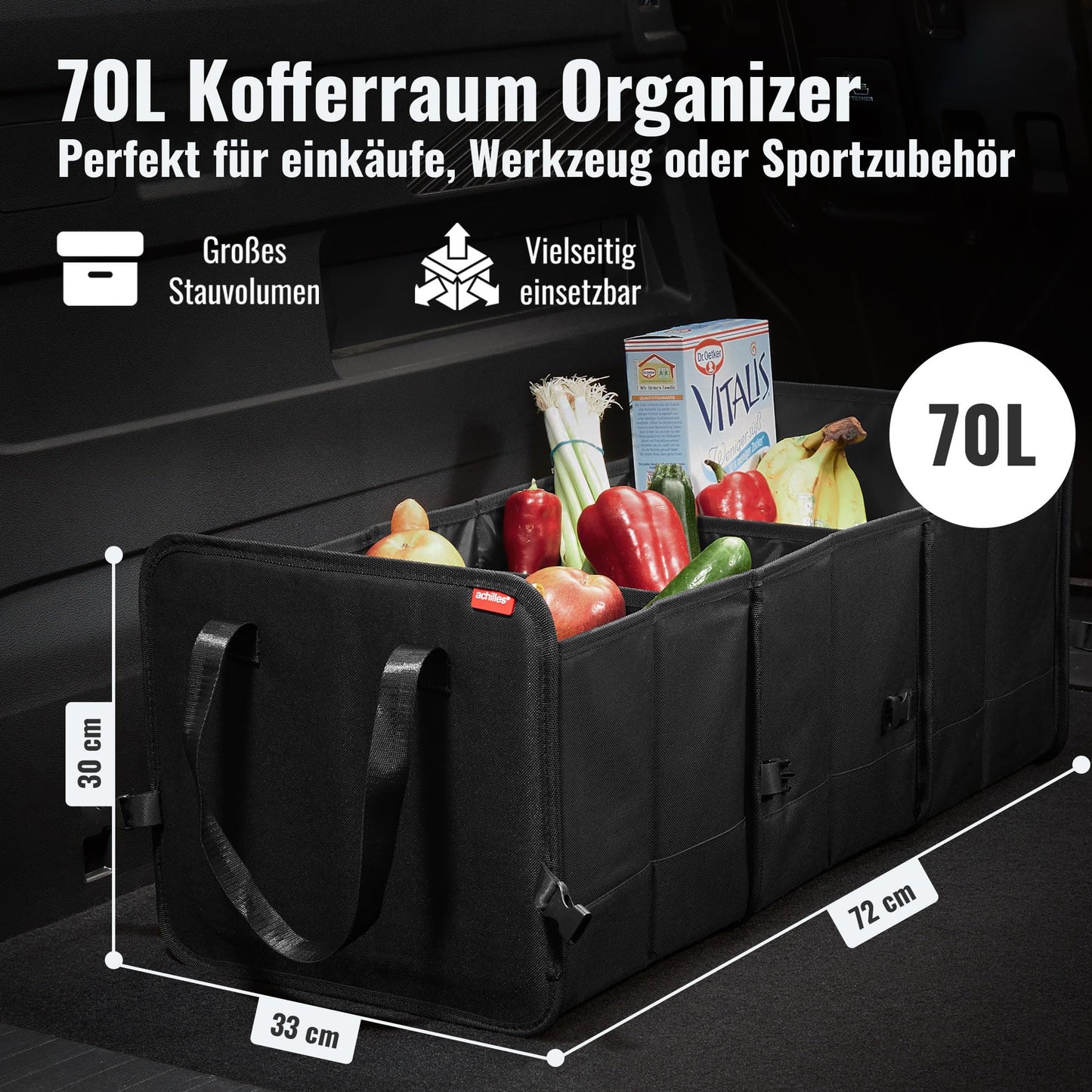 Achilles foldable car trunk box, car organizer, size-adjustable trunk bag, foldable basket, car bag, size-adjustable trunk organizer, velcro attachment on the bottom, 72 x 33 x 30 cm.