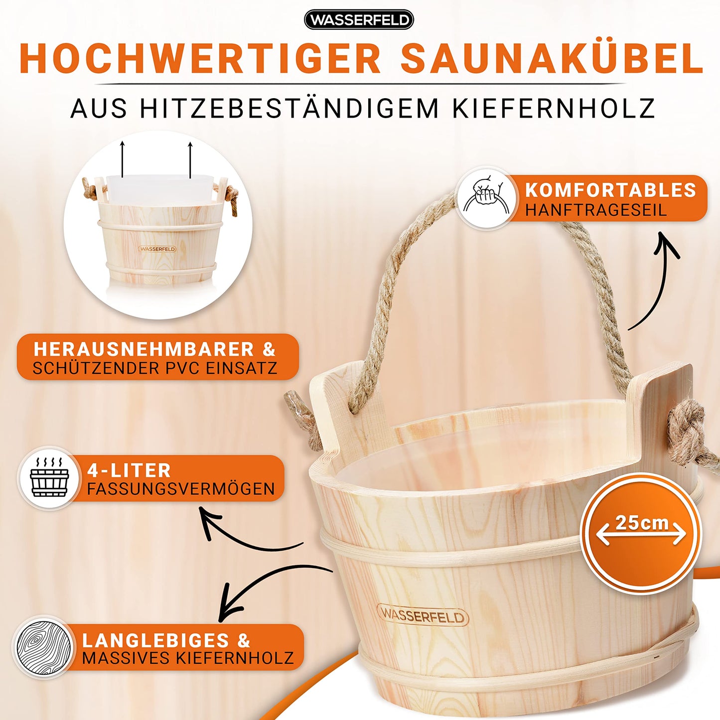WASSERFELD® Sauna Bucket Set (4 liters) - High-quality sauna bucket with ladle, sand timer, thermometer, & hygrometer - Heat-resistant 4L sauna bucket with liner & hemp rope handle - Sauna accessories set