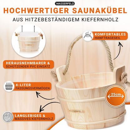WASSERFELD® Sauna Bucket Set (4 liters) - High-quality sauna bucket with ladle, sand timer, thermometer, & hygrometer - Heat-resistant 4L sauna bucket with liner & hemp rope handle - Sauna accessories set