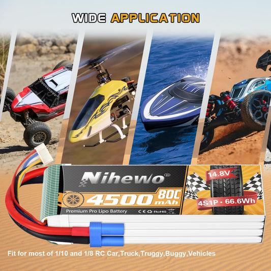 2 packs of 4S Lipo battery, Nihewo RC battery 14.8V 4500mAh 80C with EC5 plug. Compatible with 1/6 1/8 scale RC cars, trucks, planes, helicopters, boats, and tanks.