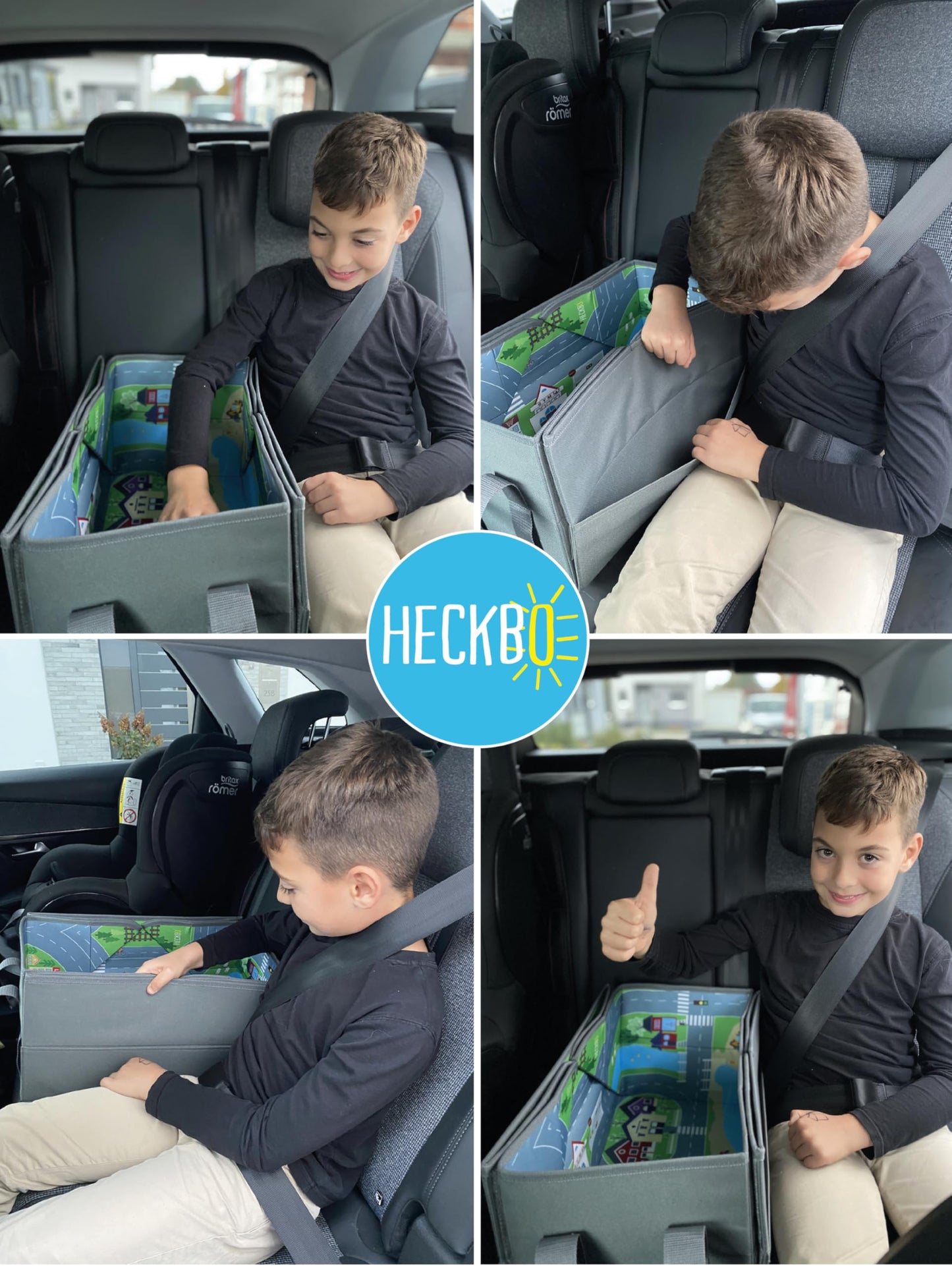 HECKBO 4-in-1 Car Organizer and Play Mat - Kids Toy Storage Box - Foldable mat with street design - Securely attaches in car, 91cm x 72cm.