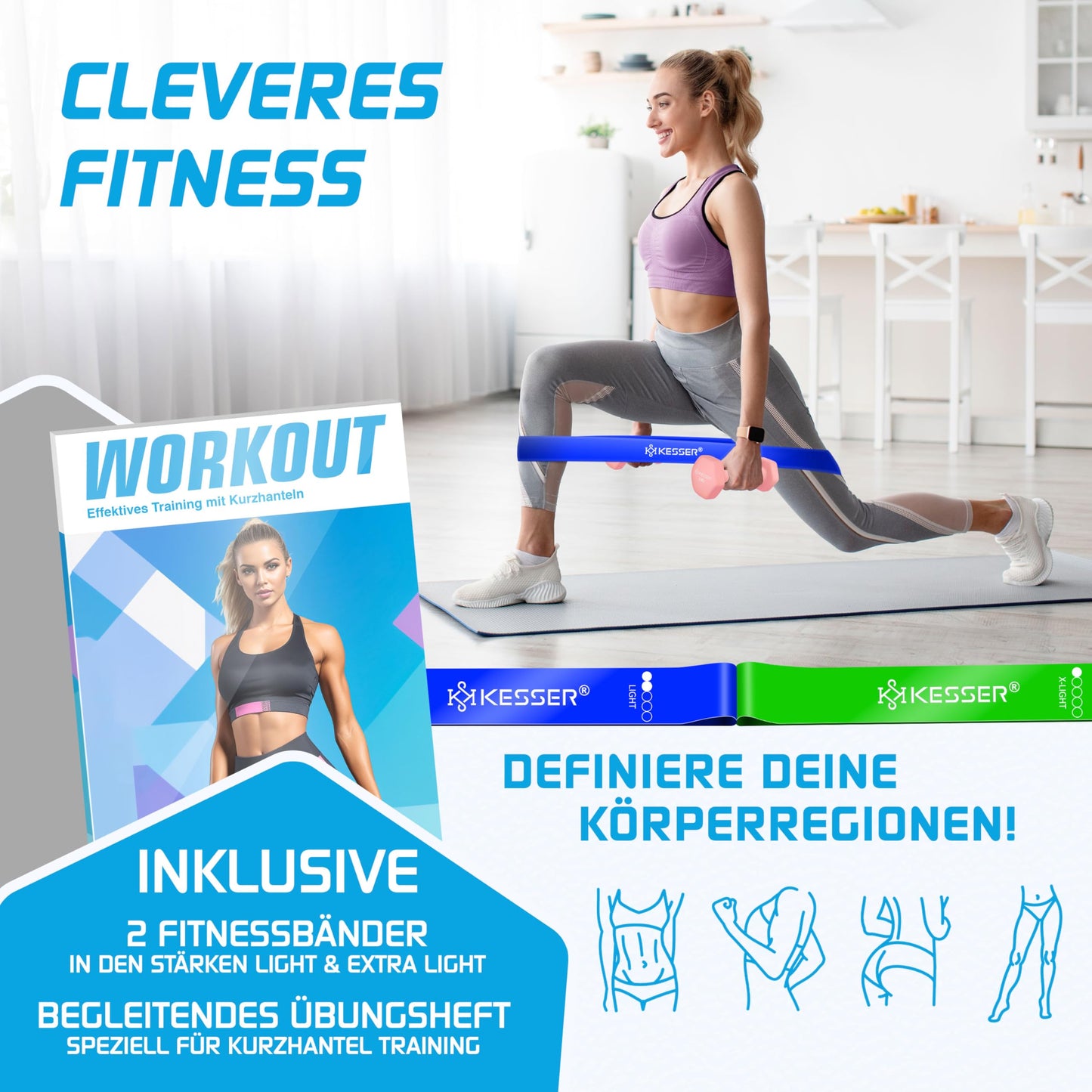 KESSER® Dumbbells Dumbbell Set 2 pieces 2kg - 5kg colored, Dumbbells Neoprene, Hexagon, Strength Training, Workout, Fitness Training, for Home With Exercise Booklet, 2x Fitness Bands