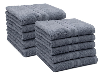 ZOLLNER 10-piece set of towels in 50x100 cm - Fluffy cotton bath towels - with modern striped border - washable up to 60°C - with practical loop for hanging - in grey - hotel quality