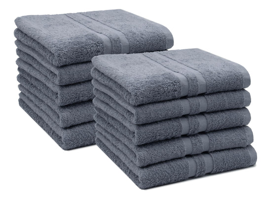 ZOLLNER 10-pack towels, 20x40 in - Soft cotton bath towels with modern striped border - washable up to 140°F - practical hanging loop - gray color - hotel quality