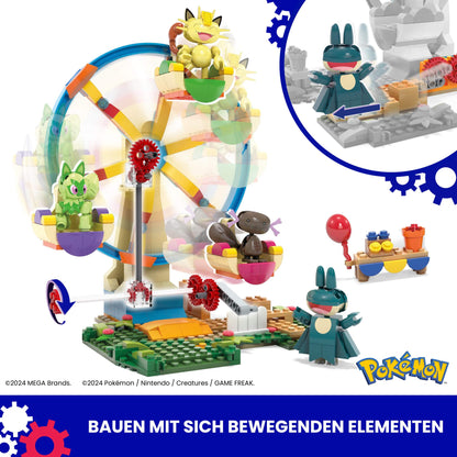 MEGA Pokémon action figure building toy, fun on the Ferris wheel with 393 pieces and movable Litleo, Munchlax, Meowth, and Purrloin, for kids, HXF80.