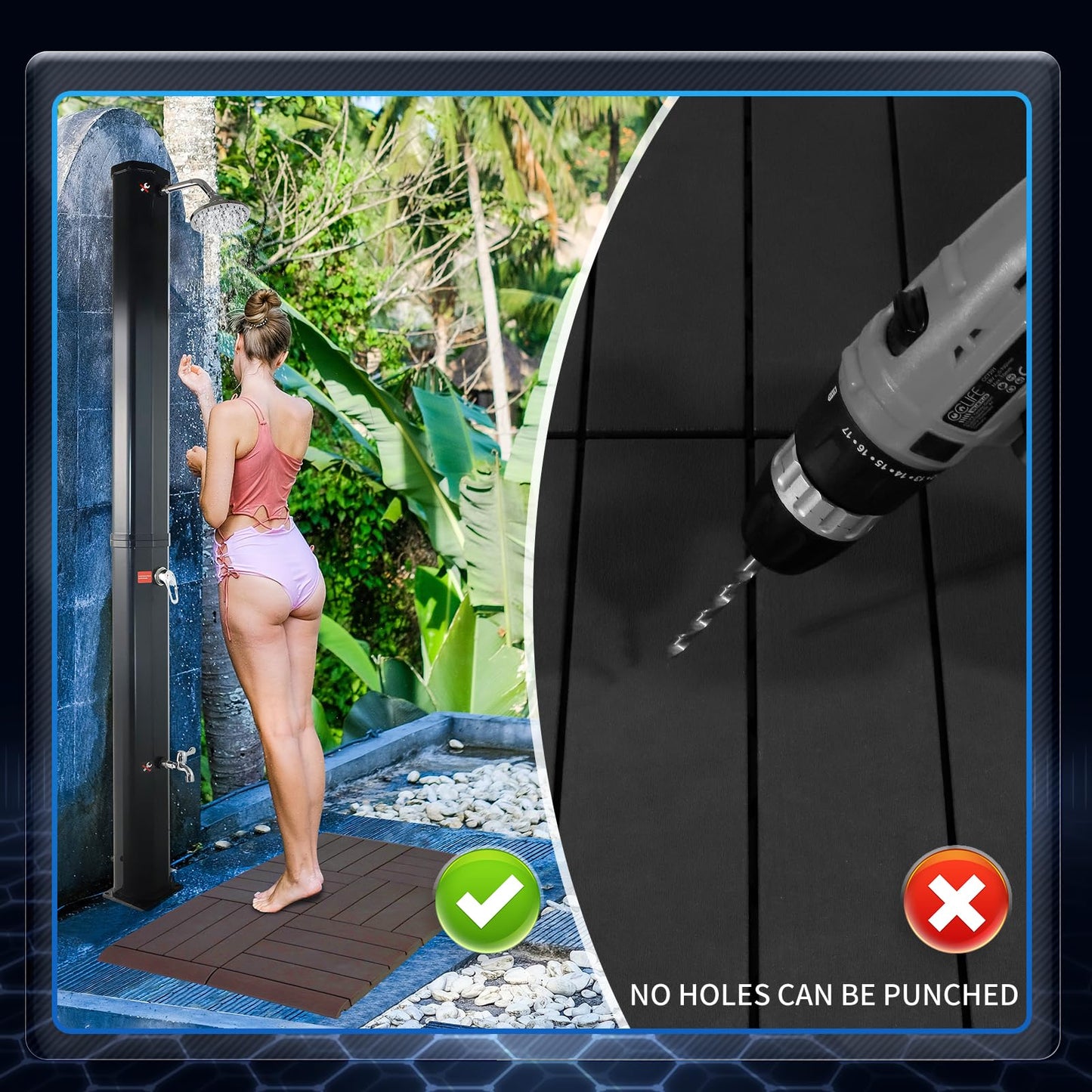 CCLIFE 40L solar shower with plastic base and handheld shower head. Solar garden shower for pool, rain shower, outdoor shower, garden sprayer for warm water.