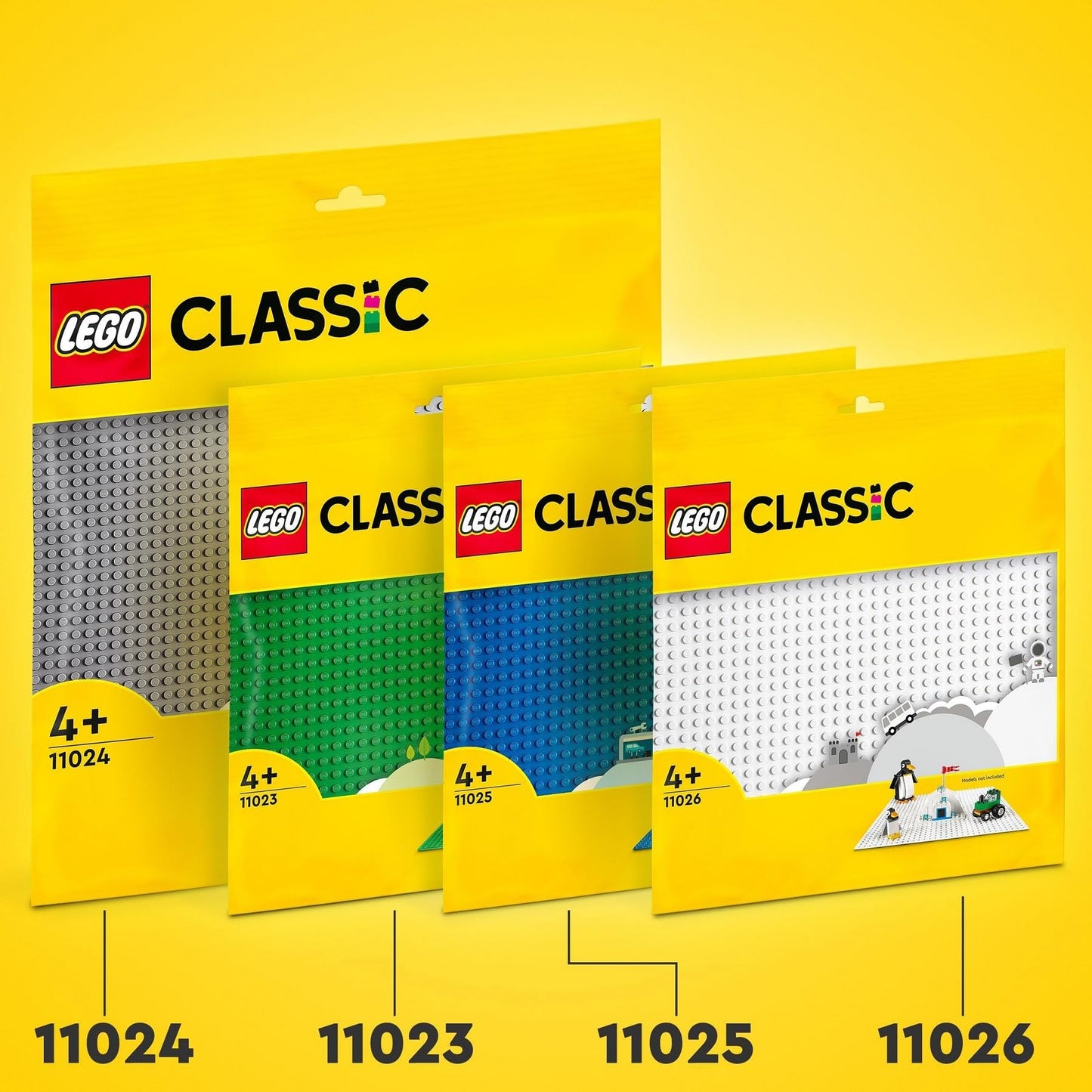 LEGO 11024 Classic Gray Baseplate, square baseplate with 48x48 studs & 11026 Classic White Baseplate, square baseplate with 32x32 studs as foundation for LEGO sets.