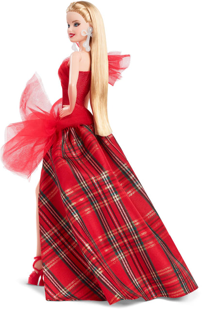 Barbie Signature Doll, Holiday Blonde Fashion Doll wearing gown with plaid skirt, seasonal collector gift in displayable packaging, HRM65.