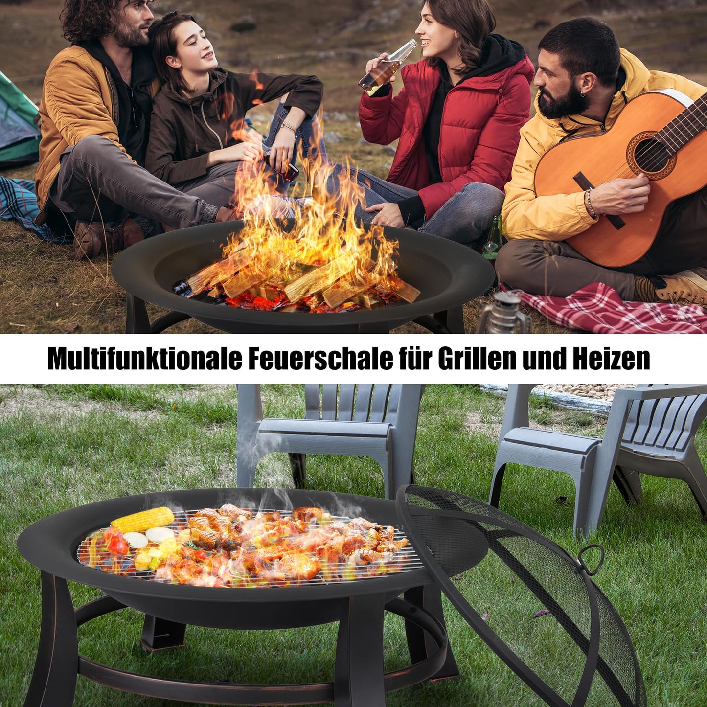 TLGREEN fire pit with spark protection, Φ76cm fire bowl with grill grate, retro-style fire pit for the garden, BBQ fire pit grill, stable and functional, black, large.