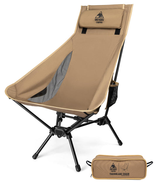 OneTigris TIGERBLADE camping chair high backrest foldable 170kg, folding camping chair light triangular frame, folding fishing chair with 2 side pockets, ultralight folding chair for outdoor, hiking (coyote brown)
