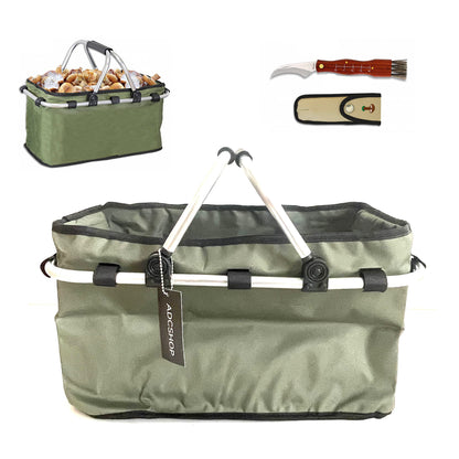 ADCSHOP - Mushroom basket and mushroom knife set for collecting mushrooms and fruits - foldable, durable, washable, padded handles, and spore-free bottom - 42 x 26 x 22 cm