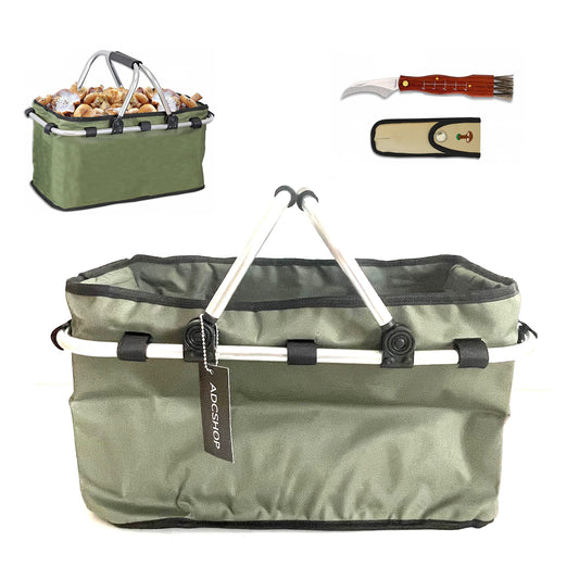 ADCSHOP - Mushroom basket and mushroom knife set for collecting mushrooms and fruits - foldable, durable, washable, padded handles, and spore-free bottom - 42 x 26 x 22 cm