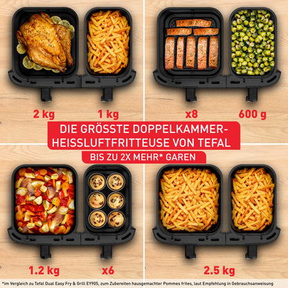 Tefal Dual Easy Fry XXL double-chamber hot air fryer, 11 liter capacity, 6.5L drawer and 4.5L drawer, no additional oil needed, 7 programs, dishwasher safe, grey, EY942BE0
