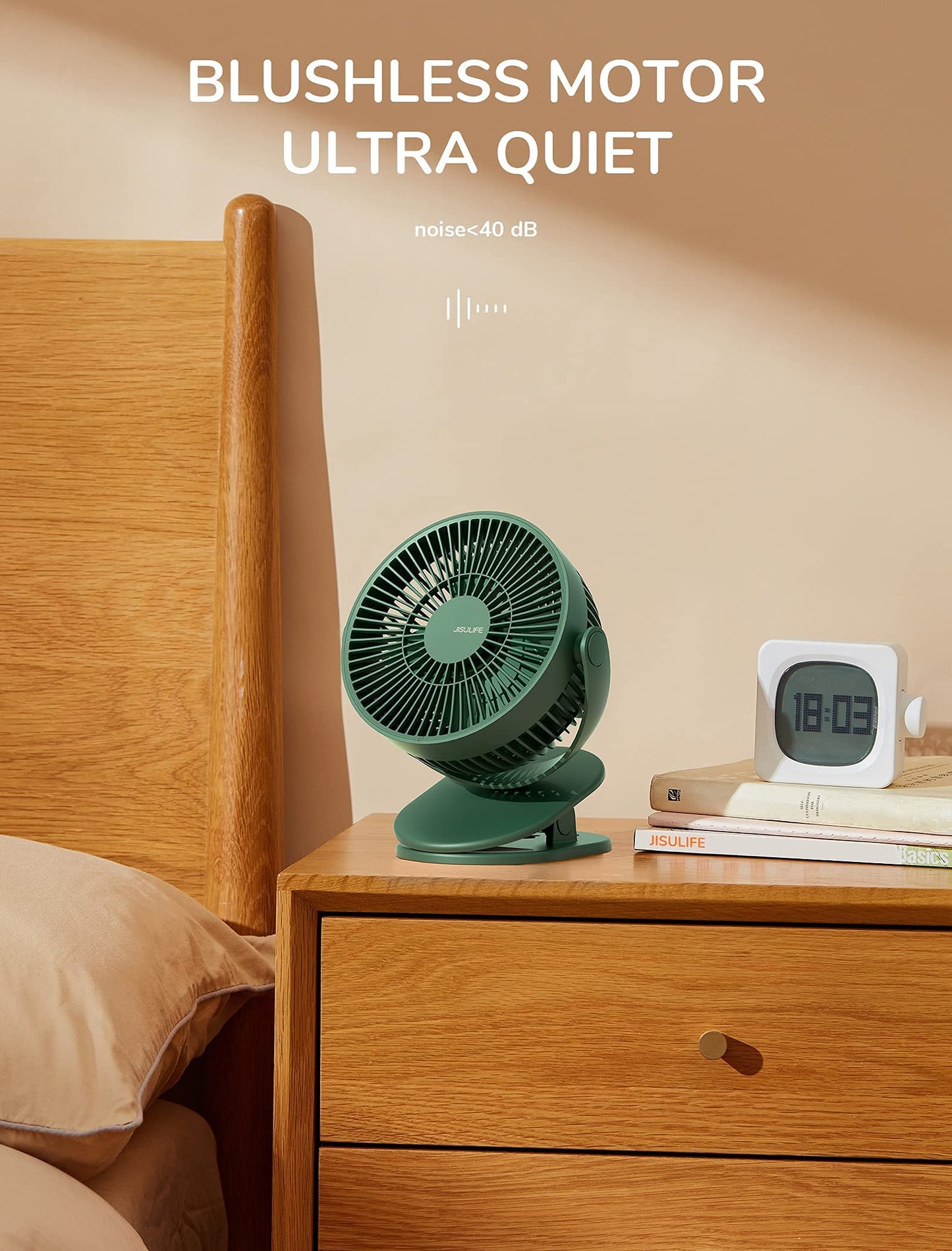 JISULIFE Mini USB Fan, Clip Battery Operated Desk Fan, Very Quiet Small with 4000mAh Battery, 4 Speeds, Up to 14 Hours for Bed, Desk, Crib, Stroller, Car Seat - Green