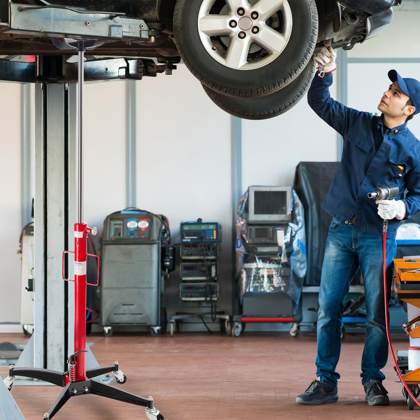 Arebos hydraulic gear lifter | 500 kg engine lifter | working height 105-185 cm | 4 swivel casters incl. foot pedal | continuously adjustable | hydraulic | red/black