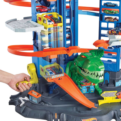 Hot Wheels Exclusive Combo Deal: GJL14 City Robot Rex Megacity Parking Garage with Toy Dinosaur including 2 toy cars + Hot Wheels 54886 1:64 Die-Cast Car Gift Set, 10 Pack