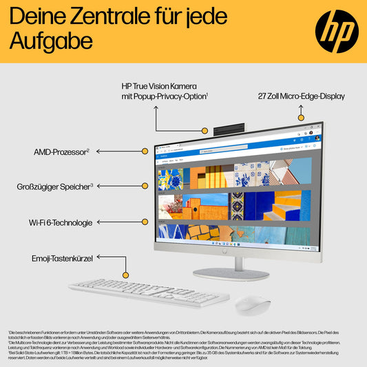 HP All-in-One Desktop PC, 27" FHD Display, AMD Ryzen 5 7520U, 16GB DDR5 RAM, 1TB SSD, AMD Radeon graphics, Windows 11 Home, QWERTZ, White, [Exclusive to Amazon]