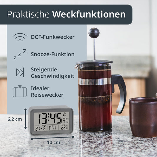 ADE Digital Alarm Clock with Light | Clock with temperature and calendar display | compact travel alarm clock | pretty matte gray case | with battery