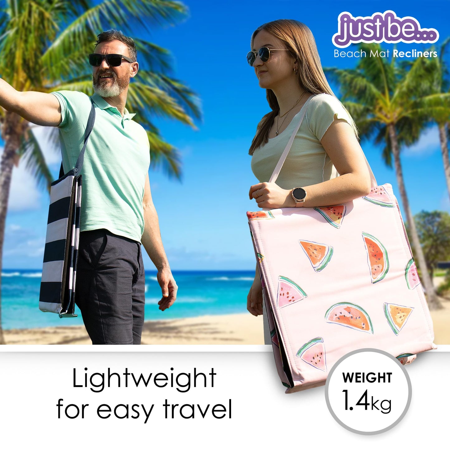 just be... Sun lounger for the beach, foldable, lightweight, portable, adjustable with backrest and pocket for valuables, for holidays, garden, camping, park, and festivals, blue stripes