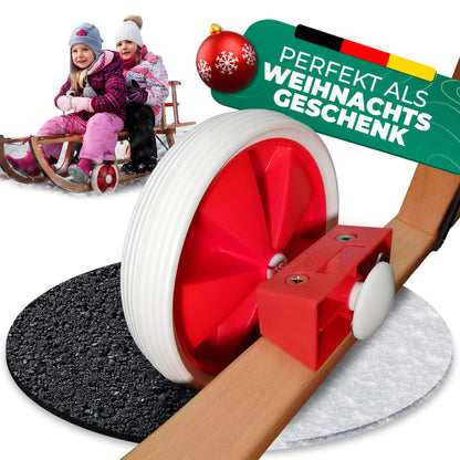 Roll Rodel Original wooden sled with wheels for use on pavement and snow - sled with wheels, red plastic backrest, and pull rope (Davos sled 110cm) - children's vehicle - baby sled