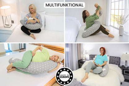 Amilian Nursing Pillow XXL - Pregnancy Pillow & Side Sleeper Pillow Baby - Pregnancy Pillow and Body Pillow - Grey with Stars - Pregnancy Pillow