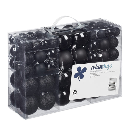 Relaxdays Christmas baubles, 100-piece set, Christmas decoration, matte, shiny, glittering, tree ornament ∅ 3, 4 & 6 cm, black