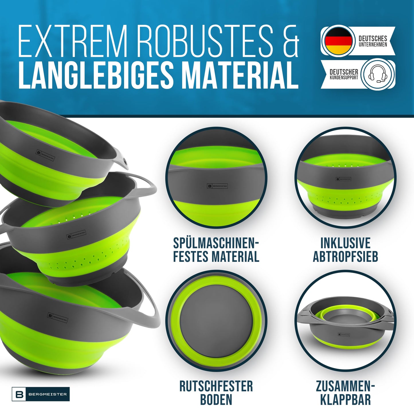 Bergmeister® Foldable Bowl Set 3in1 with Colander 1.7L / 2.8L Multifunctional Dishwasher Safe Space-saving for every home and outdoor camping kitchen